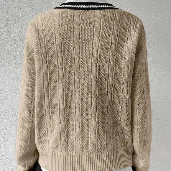 Khaki Casual Women's Striped Trim Drop Shoulder Cable Knit Sweater - Picture 2 of 5
